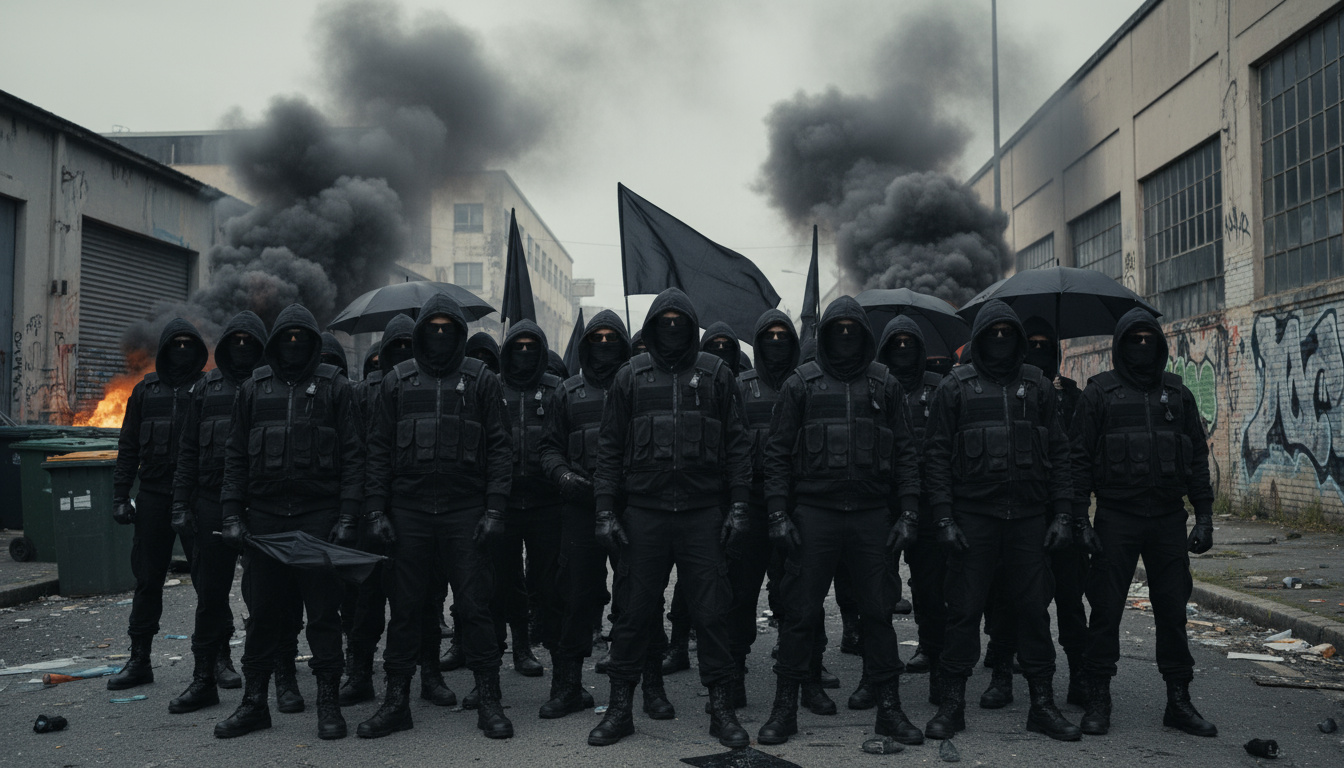 Gruppe av maskerte demonstranter i svarte klær som bruker black bloc-taktikk