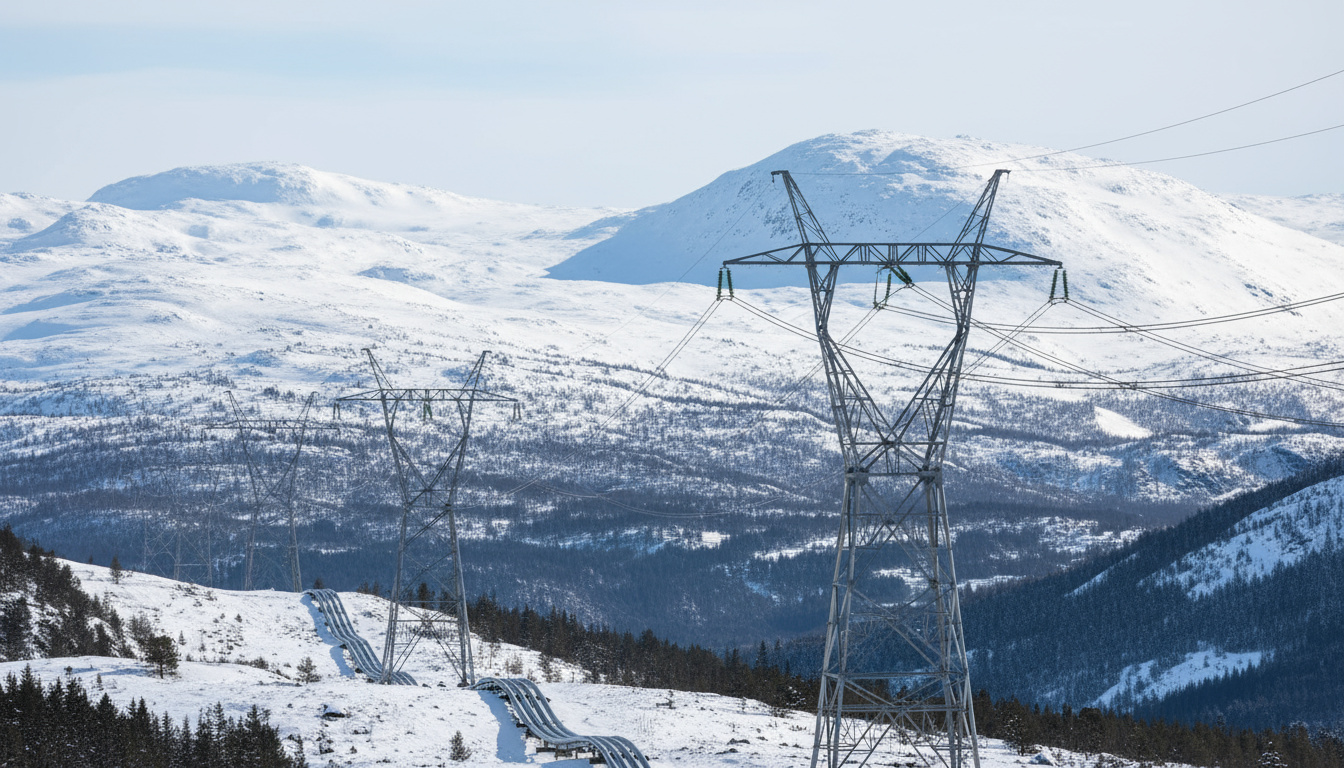 Norske strømmaster og kraftlinjer som symboliserer energipolitikk