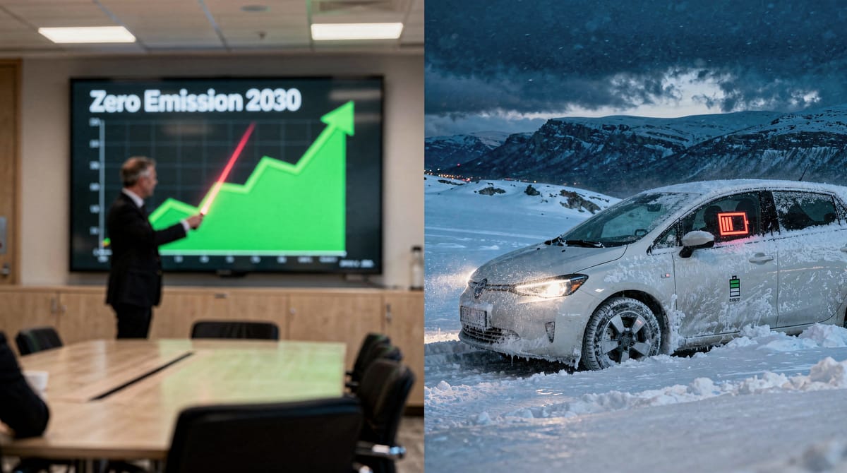 Conceptual illustration contrasting two realities: On the left, a warm, modern office with a bureaucrat pointing at a 'Zero Emission' chart. On the right, split by a jagged line, a taxi stuck in a snowstorm with a depleted battery icon flashing. Realistic style, slightly desaturated colors.