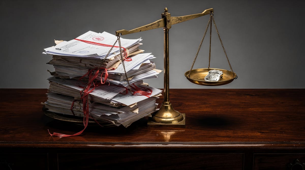 Conceptual visualization of bureaucracy versus justice. A set of antique brass scales where one side is weighed down heavily by stacks of paperwork, forms, and red tape, while the other side, holding a golden police badge, is lifted high in the air, symbolizing imbalance. Neutral, professional studio lighting.