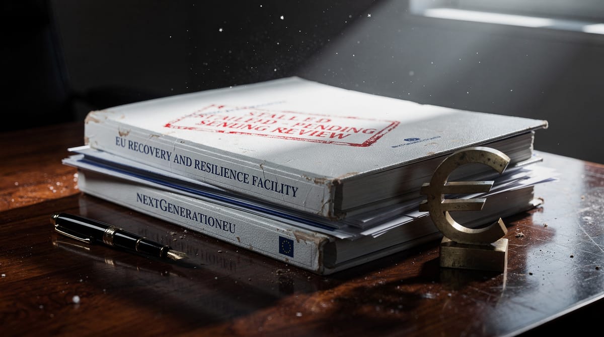 A close-up, high-contrast photograph of a stack of official EU bureaucratic documents and folders stamped 'NEXTGENERATIONEU' accumulating dust on a desk. A red 'REJECTED' or 'DELAYED' stamp is visible on the top paper. The lighting is dim office lighting, emphasizing inefficiency and red tape stopping the flow of money.