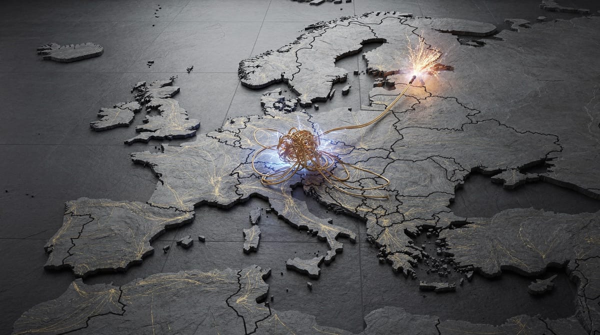 An infographic-style illustration blended with photography showing a map of Europe. The map is visualized as a complex circuit board where the connections (representing cash flow) are broken or short-circuiting in the center (Brussels). To the north, Norway stands slightly apart but connected by precarious wires that are sparking, symbolizing the risk transferring from the continent to the Norwegian economy.