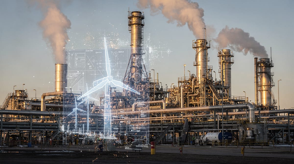 Photo-realistic visualization of a large-scale Canadian oil sands facility in operation, with golden light hitting complex machinery and piping, contrasting with a faded, transparent overlay of a wind turbine blueprint that is crumbling away. Symbolizes real production overtaking theoretical green projects.