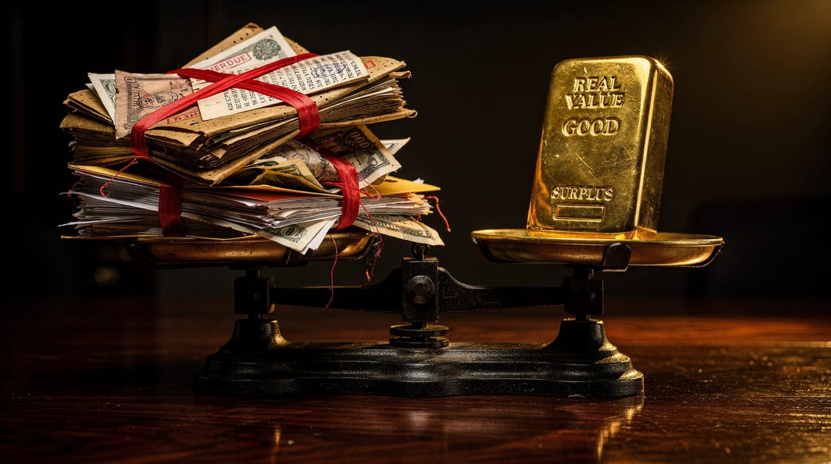 Conceptual editorial illustration showing a balance scale. On one side, a heavy pile of chaotic, red-taped bureaucratic paperwork and printed money bills is weighing it down. On the other side, a single, glowing gold bar representing 'Real Value' and 'Fiscal Surplus' is tipping the scale, lifting the burden. The style is gritty and textured news-editorial art, dark background with strong golden highlights.