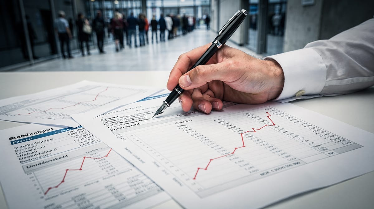 A close-up shot of an intense negotiation or calculation. Focus on a hand holding a red pen over a ledger or spreadsheet showing rising curves and deficit numbers. In the slightly blurred background, diverse silhouettes of people waiting in line, symbolizing the demographic pressure behind the numbers. The atmosphere is serious and analytical. Style: Editorial photography, high contrast.