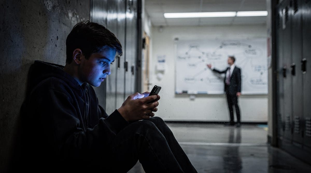 Conceptual image of a split classroom environment: one side bright and sterile featuring compliant students sitting in rows under strict supervision, the other side shadowy and chaotic where young boys are gathered in a huddle, whispering and looking at a glowing smartphone screen. Symbolism of underground communication vs official narrative. Cinematic lighting, photorealistic style.