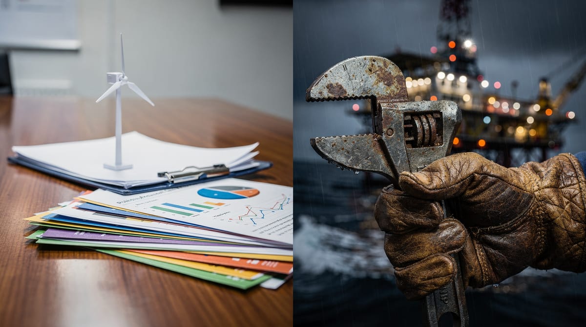A macro split-screen photograph. On the left: A pristine, sterile bureaucrat's desk with a complex, nonsensical paper model of a wind turbine. On the right: A dirty, gloved hand of an industrial worker holding a wrench or heavy tool. High contrast between the artificial office environment and the gritty industrial reality.