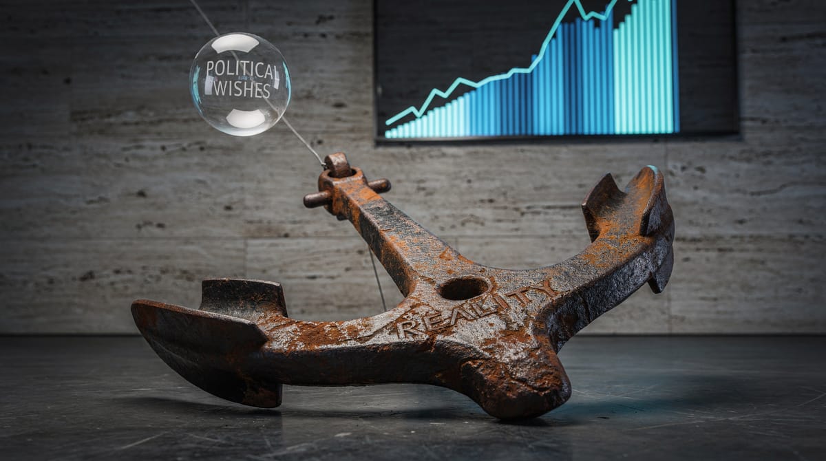 Conceptual editorial illustration. A heavy, rusted iron anchor labeled 'REALITY' dragging down a floating, fragile balloon labeled 'POLITICAL WISHES'. The background is a stark, clean chart showing a declining economic curve turning sharply upward where the anchor hits. Minimalist, gritty texture.