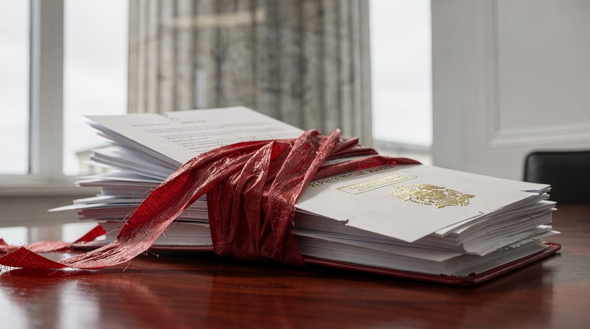 Conceptual illustration. A pile of official government paperwork and bureaucratic red tape physically wrapping around and strangling a golden parliamentarian mandate certificate. The visuals should emphasize the texture of the red tape and the stiffness of the bureaucracy. Sharp focus, realistic style.