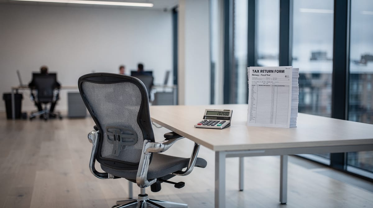 A symbolic image representing the 'empty chair' crisis. A row of modern office desks, where several chairs are empty. On one of the empty desks, a stack of tax forms and a calculator sits untouched. The focus is sharp on the empty chair in the foreground, while the background shows blurry figures working hard. The atmosphere is cold and sterile, emphasizing the burden placed on those who remain at work. Photographic style, depth of field.