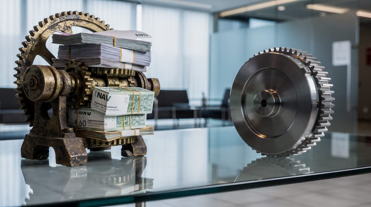 A conceptual infographic-style illustration comparing two gears. One gear is large, rusty, and stuck, labeled with a Norwegian flag motif. The other gear is smaller, efficient, and spinning rapidly, suggesting neighboring countries' economies. The rusty gear is clogged with excessive paperwork and money symbols, representing bureaucratic inefficiency and high costs preventing movement. Minimalist, flat design with a limited color palette of dark blue, red, and grey.