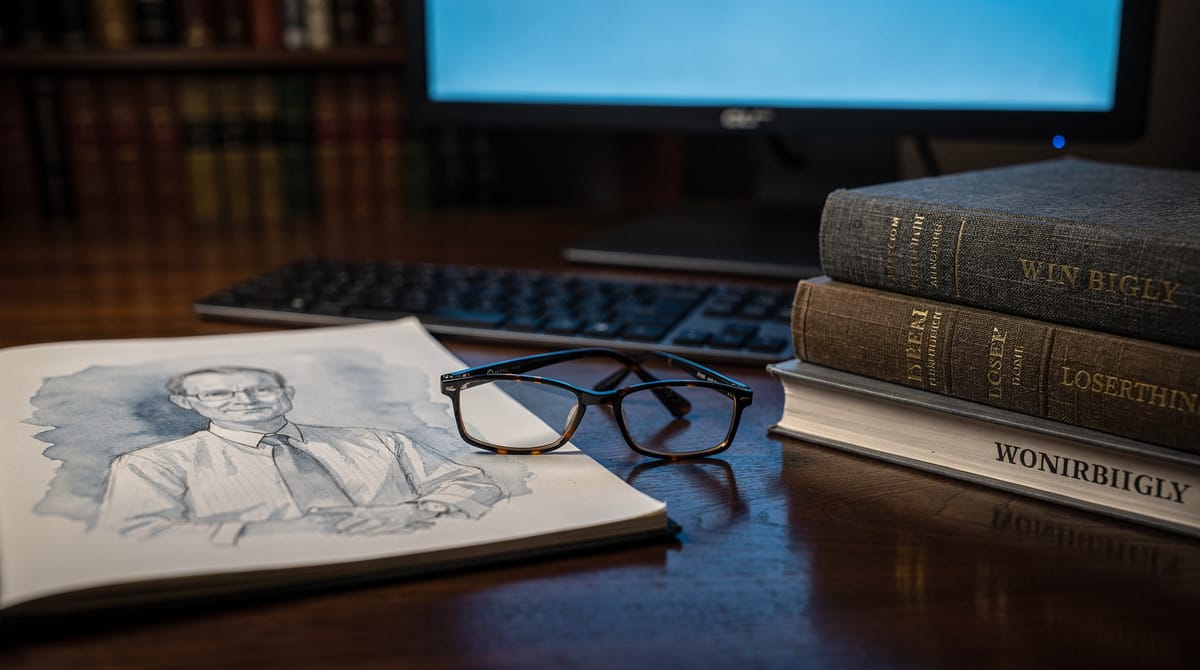 Close-up of a modern digital workspace in a dark room, a laptop screen glowing with a Substack-style interface and social media feeds, surrounded by stacks of books titled 'Win Bigly' and 'Loserthink'. The glow from the screen illuminates a pair of glasses on the desk. Atmospheric, symbolising the shift to independent media, photorealistic, depth of field.