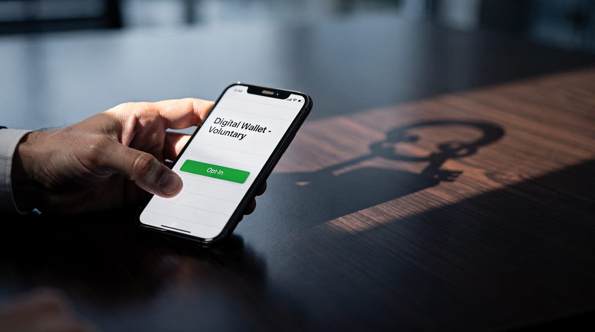 A conceptual photo showing the contrast between 'Voluntary' and 'Mandatory'. A hand holds a smartphone with a friendly, inviting 'Join Now' button on a government app, but the shadow cast by the hand on the table forms the shape of a heavy prison key or a shackle. The lighting is moody and dramatic, highlighting the deception. Realistic texture, muted colors except for the bright, deceptive app interface.