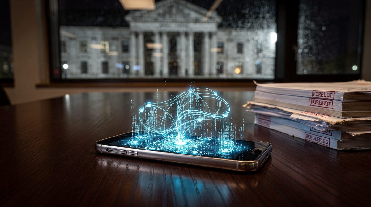 Conceptual editorial illustration showing a massive, grey bureaucratic hand emerging from a building marked 'Ministry of Truth', attempting to crush a glowing, ethereal orb containing flowing data streams and mathematical formulas (representing AI innovation like Grok). The scene is set on a desk with spilled coffee and paperwork titled 'Regulation 2025'. High contrast, gritty realistic style.
