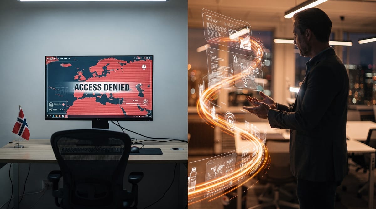 A split-screen visual comparison. On the left side, a desaturated, grey tech office with empty desks and 'Access Denied' screens, labeled 'Regulated Europe'. On the right side, a vibrant, futuristic workspace with holographic displays and rapid data flow, labeled 'Free Market Innovation'. This illustrates the economic stagnation vs growth. Photorealistic 3D render style.