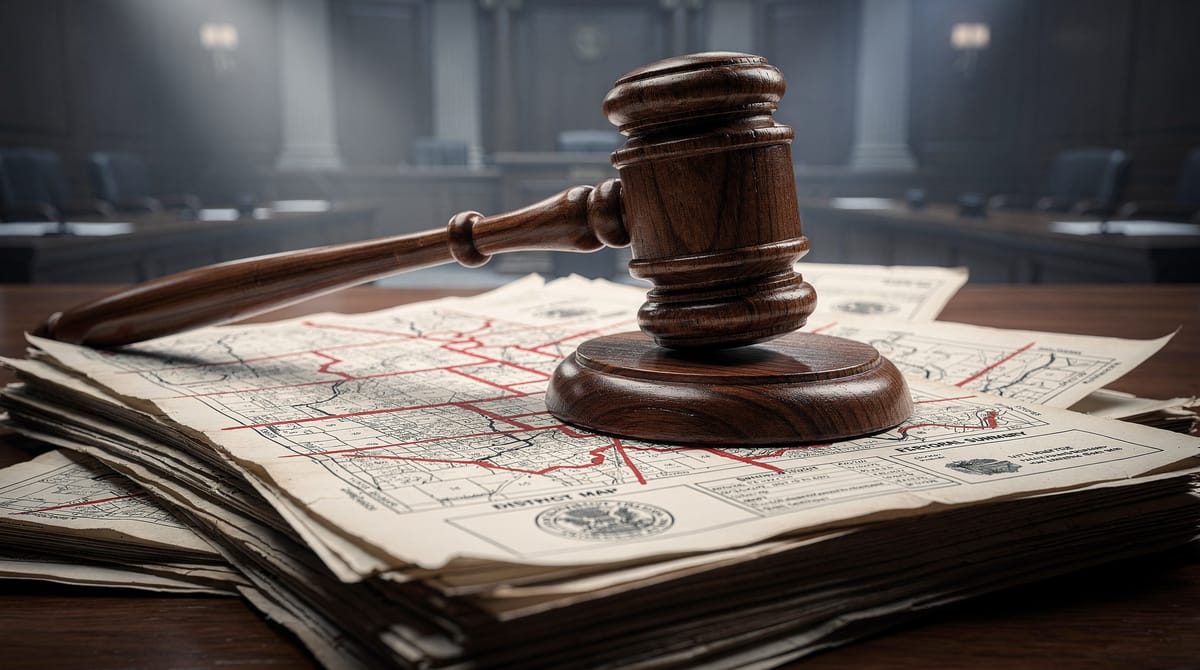 Symbolic illustration. A gavel resting on a stack of legal documents, but the handle of the gavel is warping or bending as if under pressure. The background is a blurred courtroom setting with cool blue tones, symbolizing a cold, bureaucratic process. Realistic texture, deep depth of field.