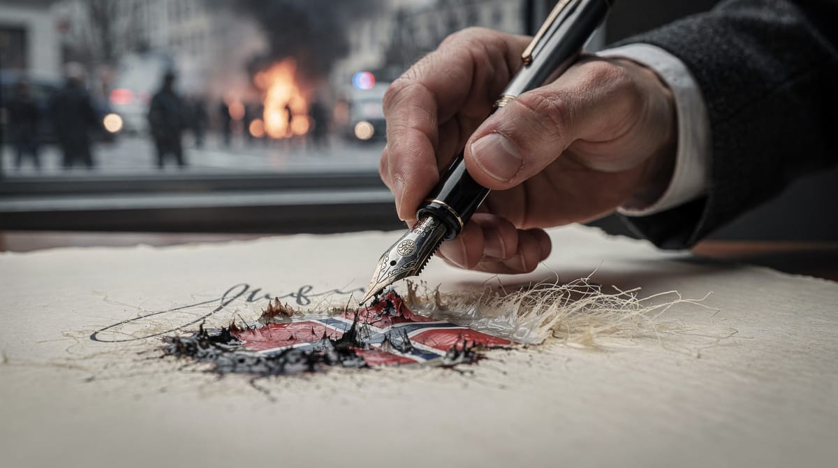 An extreme close-up of a fountain pen signing a document. The ink from the pen is not black, but is dissolving the paper and the faint image of a national flag underneath the text. The hand holding the pen belongs to a grey-suited bureaucrat, focused solely on the paper, ignoring a chaotic protest visible through a blurred window in the background. Symbolizing bureaucracy eroding sovereignty.