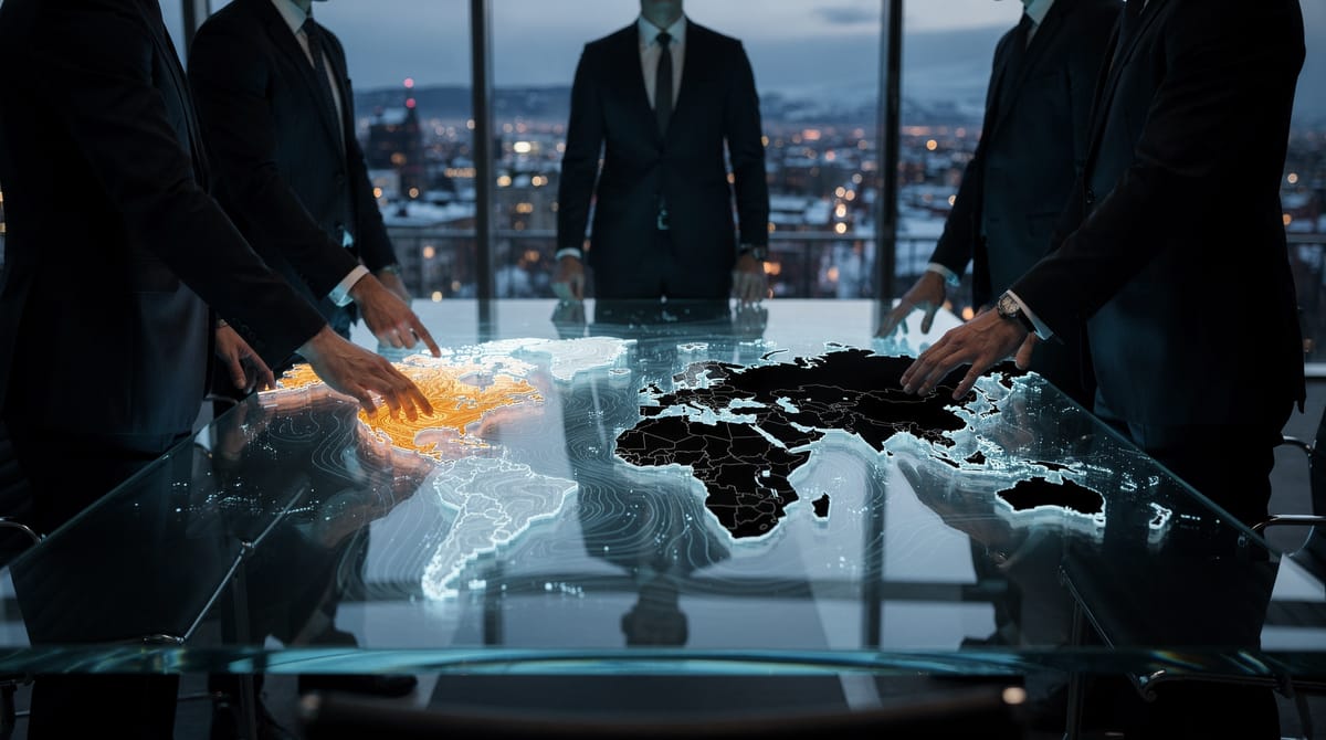 A digital map of the world displayed on a sleek glass table in a dark, shadowy boardroom. Faceless figures in business suits are pressing buttons that turn entire regions of the map black (powering off), symbolizing economic sanctions and blockades. The lighting is cold blue and clinical, emphasizing a detached, technocratic approach to warfare. Realistic style.