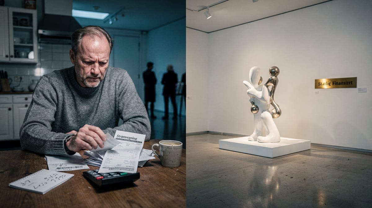 Editorial illustration, split composition. Left side: A struggling Norwegian worker looking at bills at a kitchen table, harsh lighting. Right side: A pristine, avant-garde art gallery installation with a sign saying 'Funded by the State', soft elitist lighting. The visual contrast highlights the economic disparity.