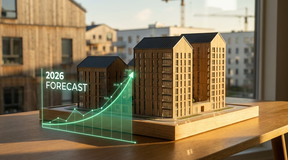A close-up illustration of a booming Norwegian housing market chart rising upwards, superimposed over a modern Scandinavian neighborhood. Bright sunlight hitting wooden house facades, construction cranes in the background working efficiently. The arrow on the chart is green and points sharply up. Visual style: clean, editorial finance illustration, optimistic atmosphere, golden accents.