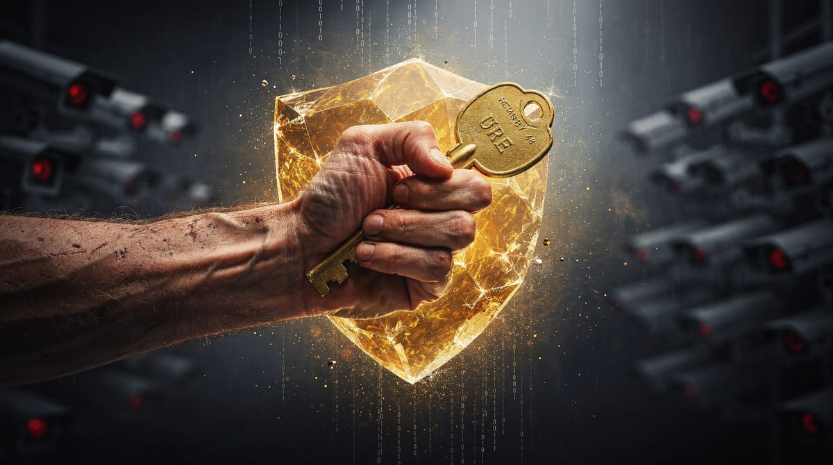 Symbolic image of digital property rights. A solitary human hand holding a glowing, golden key tightly. The hand is surrounded by binary code and surveillance cameras trying to penetrate a protective shield generated by the key. Themes of privacy, ownership, and defense against the system. Sharp focus, dramatic lighting.