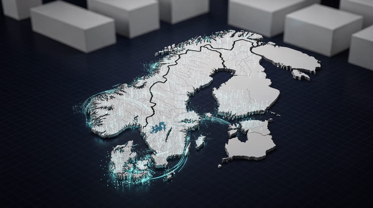A 3D isometric data visualization showing a map of Norway. Small, distinct pin-points of light are popping up across the map, representing new private schools, contrasting against a fading gray background grid. The aesthetic should be clean, modern, and news-graphic style, utilizing shades of deep blue and crisp white.