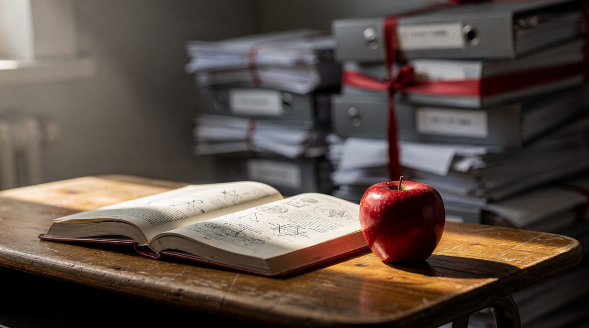 Close-up editorial photography of a stack of bureaucratic paperwork and red tape on a desk, blurred in the background. In the foreground, focused and sharp, is an open textbook and an apple, symbolizing the core value of education being overshadowed by administration. The lighting is office-like, slightly cold.