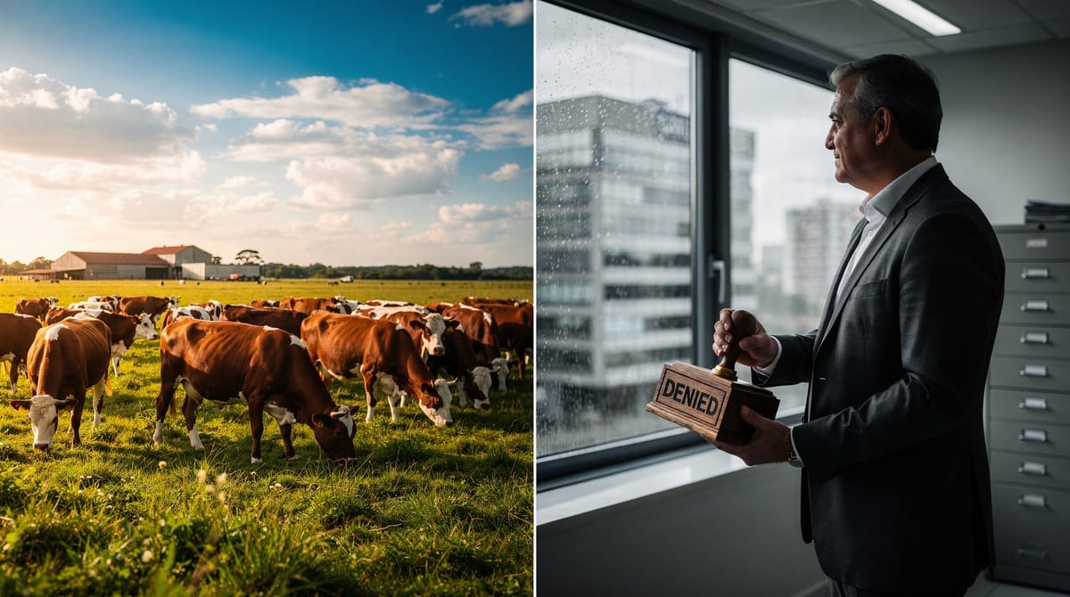 A split composition illustration. On the left side: A realistic depiction of a productive South American cattle ranch with clear skies. On the right side: A gloomy, grey Brussels office with a bureaucrat in a suit looking out a window, holding a rubber stamp that says 'DENIED'. The visual represents the divide between producers and regulators.