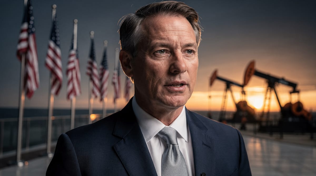 A serious, close-up editorial portrait of Doug Burgum speaking at a podium with American flags in the background, out of focus. He looks determined and business-like. Superimposed slightly transparent in the background are oil pump jacks silhouetted against a sunrise, symbolizing new production. High contrast, journalistic style.