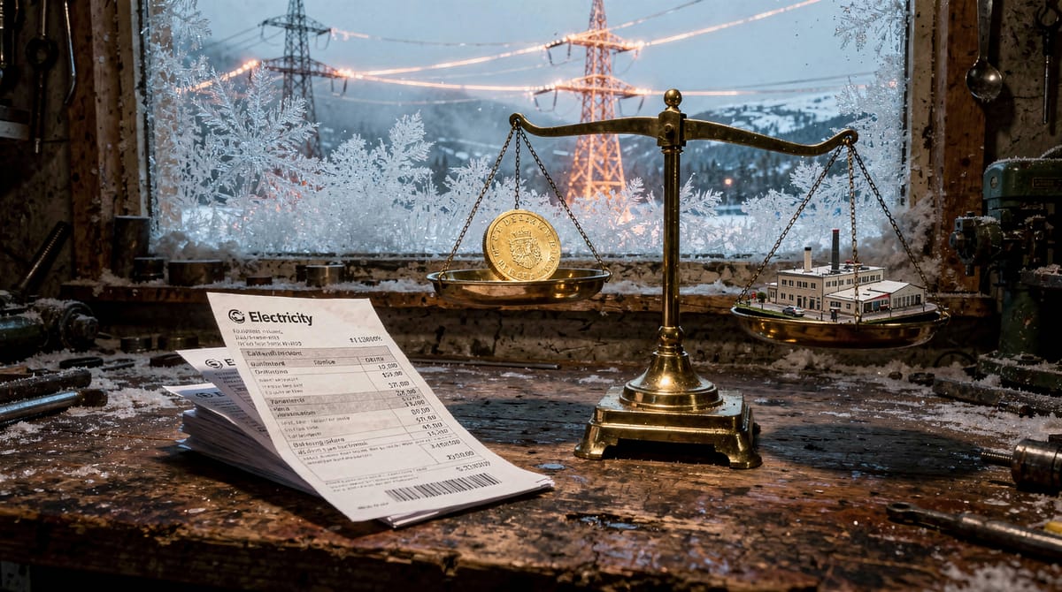 Conceptual editorial illustration showing a duality: On one side, massive high-voltage cables exporting energy, glowing red. On the other side, a small measuring scale weighing a pile of gold coins (state profit) against a crumbling small factory building. The style is gritty and realistic with high contrast.