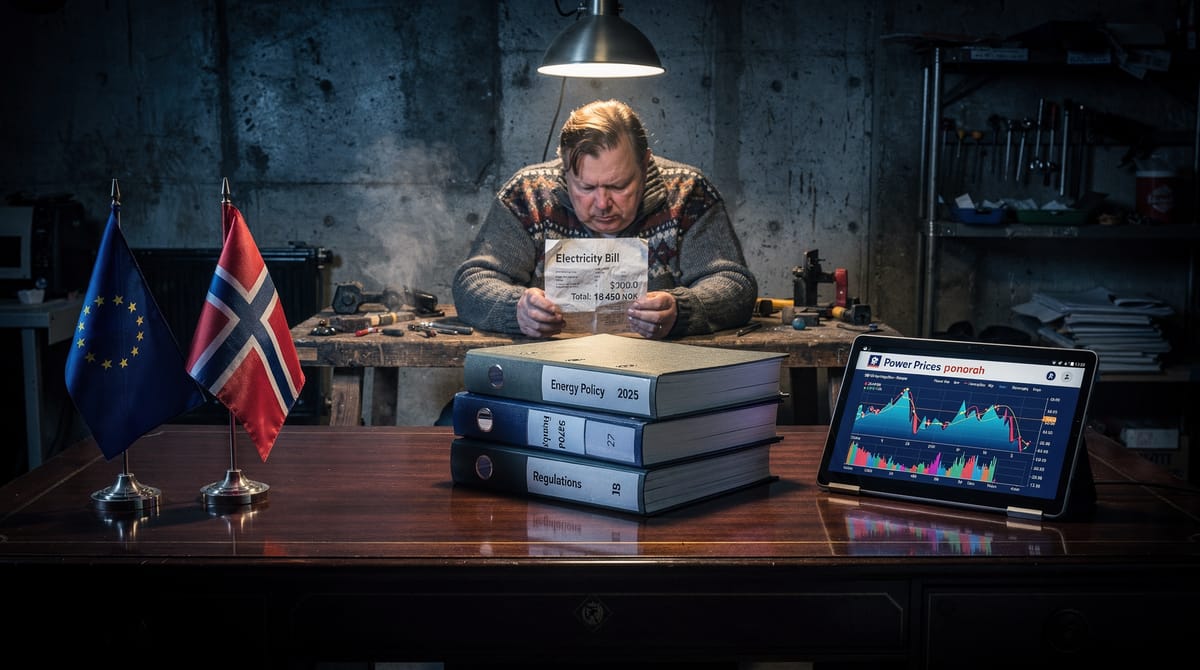 A visual representation of 'bureaucracy vs reality'. A large, complex stack of paperwork and EU flags on a mahogany desk in the foreground, casting a large shadow over a small, dim workshop where a mechanic is looking at an electricity bill with concern. Dark, dramatic lighting.