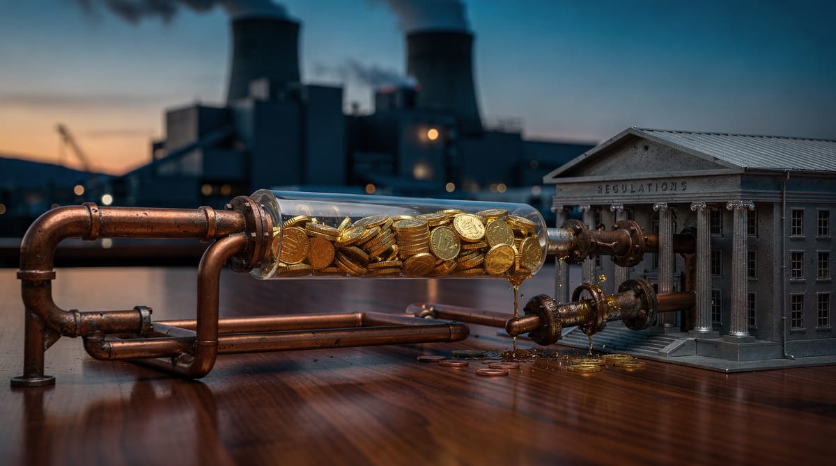 Conceptual illustration of a circular economy trap. Gold coins flowing out of a factory into a government building, and then a few copper coins trickling back to the factory through a complex, leaking pipe system labeled 'Subsidies'. Represents inefficiency and loss of value. Realistic style, dark tones.