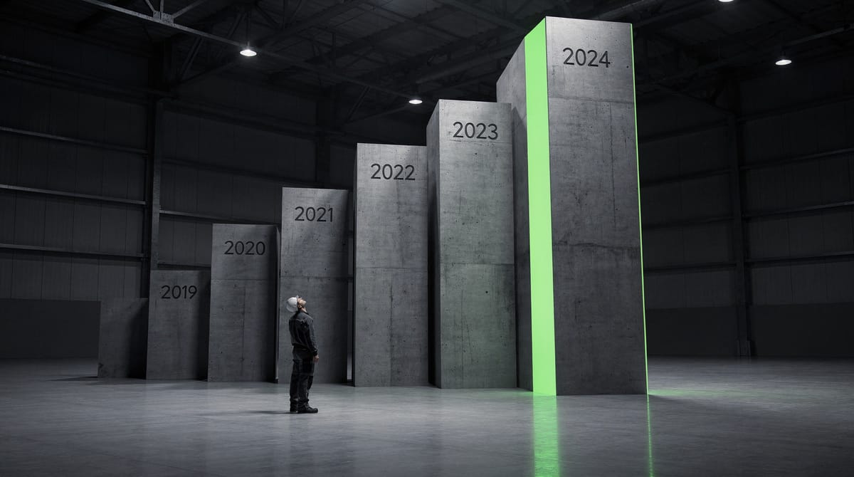 Data visualization concept illustration. A simple, stark bar chart rising sharply and aggressively, shaped like a steep cliff or a wall. The chart is labeled '2024' at the peak. In the foreground, a silhouette of a small industrial worker looks up at the insurmountable wall of costs. Muted colors with a sharp green spike.