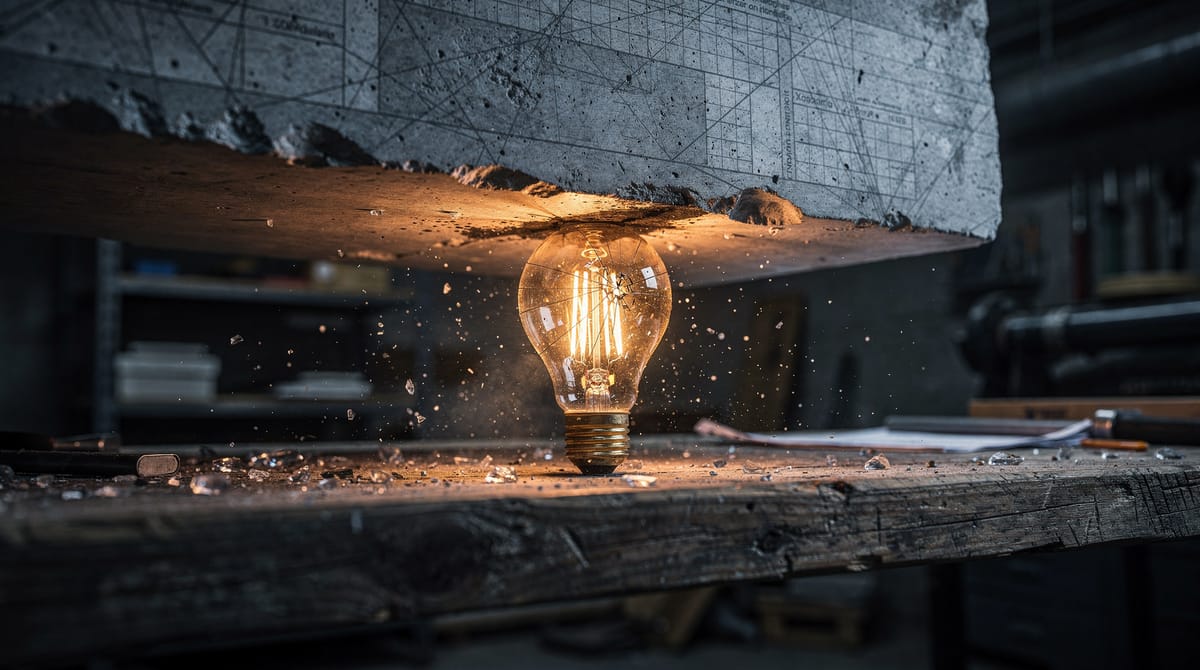 A visual representation of the 'tax wedge'. A large, cold, blue concrete block crushing a small, glowing warm lightbulb representing an idea. The concrete block has etchings of bureaucratic symbols. The lightbulb is cracking under pressure. Realistic 3D render style, high detail, symbolizing the pressure of employer tax and social security fees on innovation.