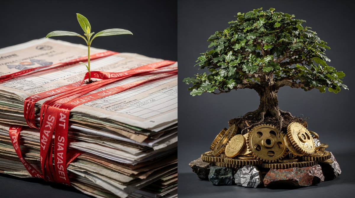 Conceptual close-up photography. On one side, a small pitiful seedling trying to grow through a thick stack of Norwegian tax forms and red tape. On the other side, a robust oak tree growing out of a pile of gold coins and industrial gears, representing capital accumulation. Sharp focus, dramatic lighting, realistic textures of paper and metal. Dark moody background.