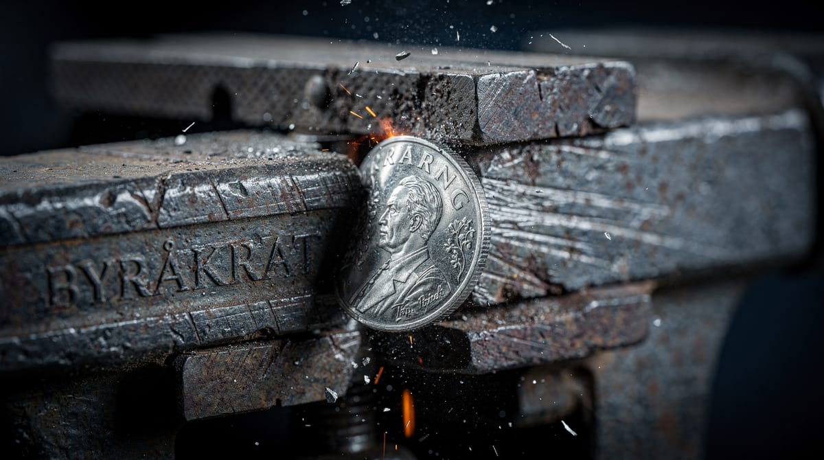 A close-up, symbolic image of a Norwegian Krone coin being squeezed in a metal vice. The vice is labeled with subtle bureaucratic text. Sparks or dust are flying off the coin, symbolizing the wealth tax draining liquidity from Norwegian capital. Dark, metallic tones with a cold blue hue.