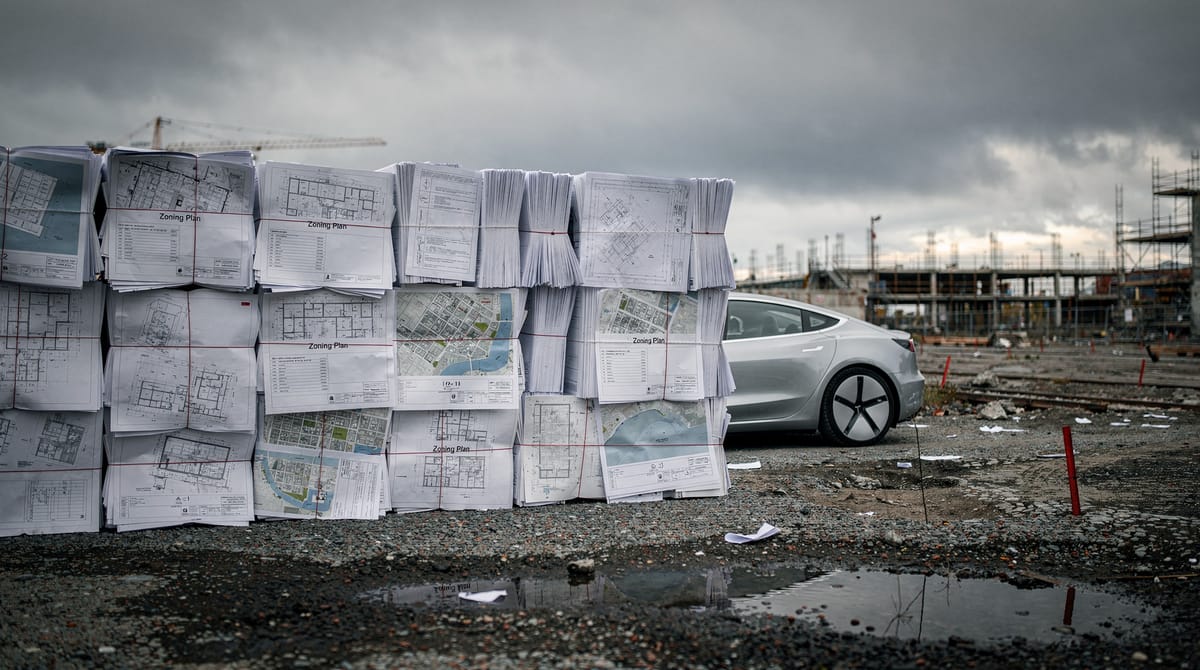 Visualizing bureaucracy: A stack of papers and blueprints (labeled 'Zoning Plan' and 'Regulations') forming a high wall blocking a sleek electric vehicle from driving onto a road. On the other side of the paper wall, a red tape ribbon is being cut by scissors that are too small. Realistic texture, depth of field focused on the paper stack.