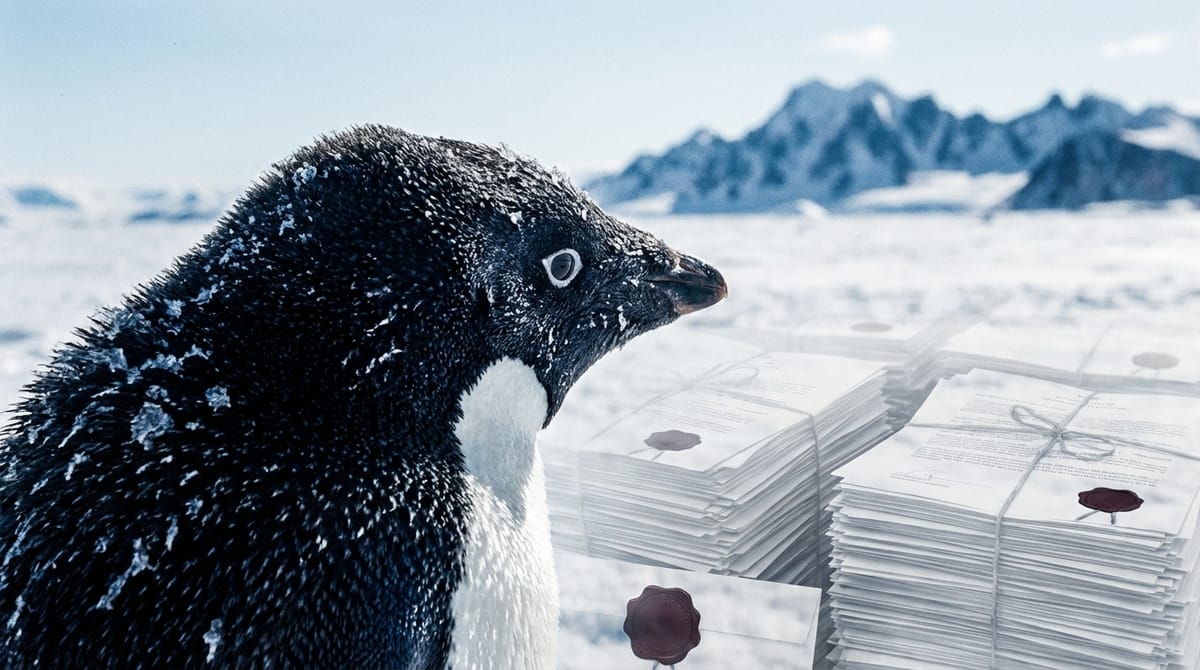 Close-up, profile view of a penguin's face looking towards a snowy horizon. The background is a soft-focus blur of bureaucratic elements—stacks of paper, red tape, and dim office lights—superimposed faintly over the icy landscape, symbolizing the clash between nature and regulation. The lighting is cold and harsh.
