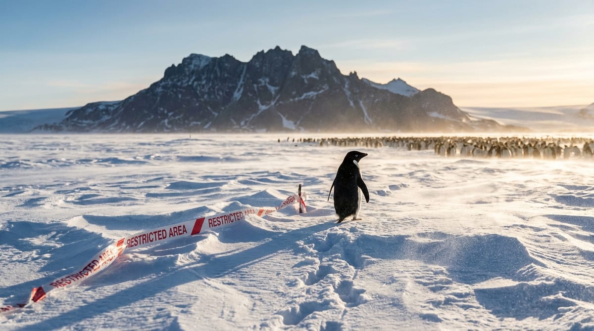 Symbolic editorial illustration. A solitary set of footprints in deep snow leading towards a steep, dark mountain peak. A bright red 'STOP' sign or a bureaucratic barrier tape (red and white) is broken and trampled in the snow where the tracks begin, symbolizing the rejection of societal constraints.