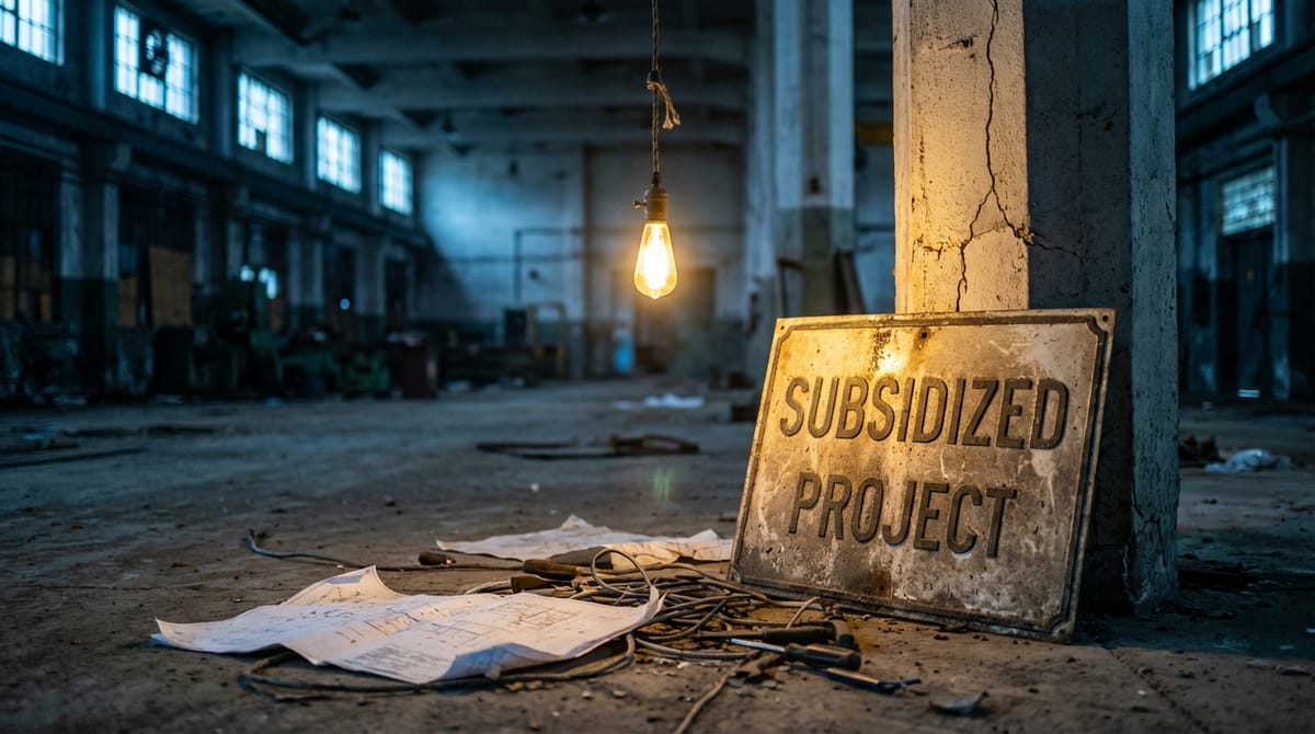 Symbolic image of industrial abandonment: A modern, empty factory hall with a large, dusty sign reading 'SUBSIDIZED PROJECT'. A single lightbulb hangs from the ceiling. Represents the failure of state-funded industry initiatives like Freyr.