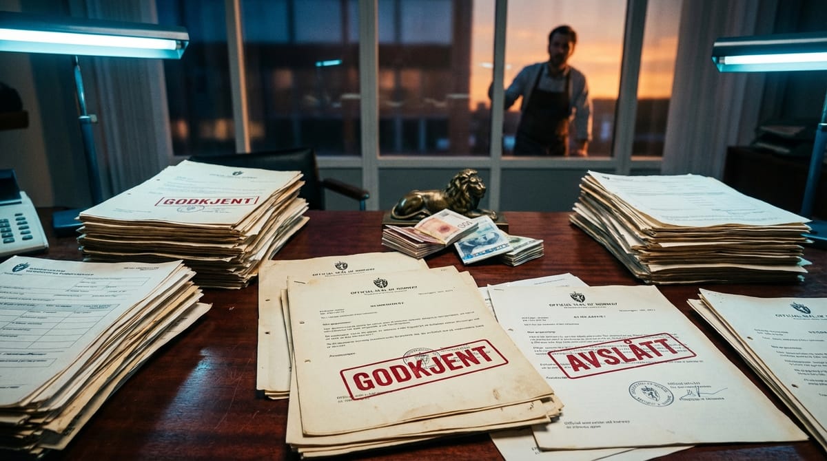 Editorial illustration of 'Desk Politics': A chaotic office desk piled high with application forms, government stamps saying 'APPROVED' and 'DENIED', and stacks of cash. In the background, a blurred silhouette of a struggling shopkeeper looking in through a window. Symbolizes the disconnect between bureaucracy and reality.