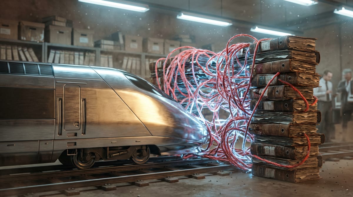 Symbolic representation of 'the bottleneck'. A sleek, modern high-speed train representing economic growth is being signaled to stop by a barrier gate made of oversized red tape and bureaucratic binders. The setting is a stylized border crossing. The mood is frustrating and stagnant, illustrating the concept of regulations hindering progress. Realistic textures, muted colors for the barrier, bright colors for the train.