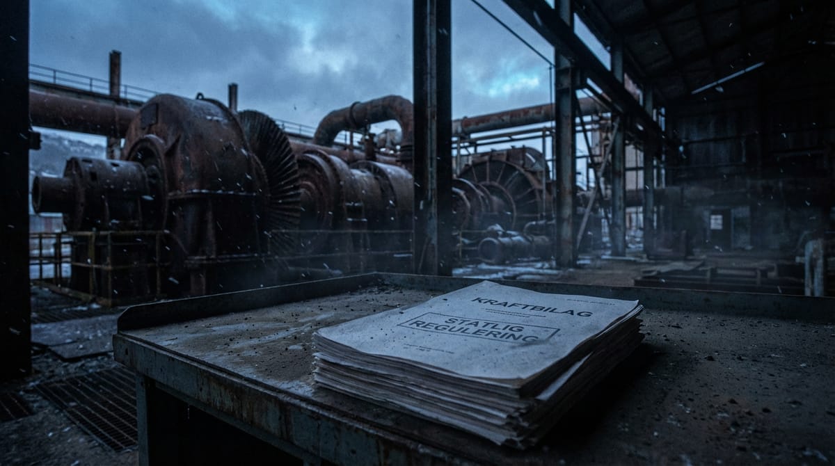 An industrial landscape photography style image of a silenced Norwegian factory floor. Large machinery stands idle in the shadows. In the foreground, a prominent tax bill or official government document with 'CO2 AVGIFT' stamped clearly on it sits on a cold metal workbench. The lighting is moody and dramatic, symbolizing the burden on the industry.