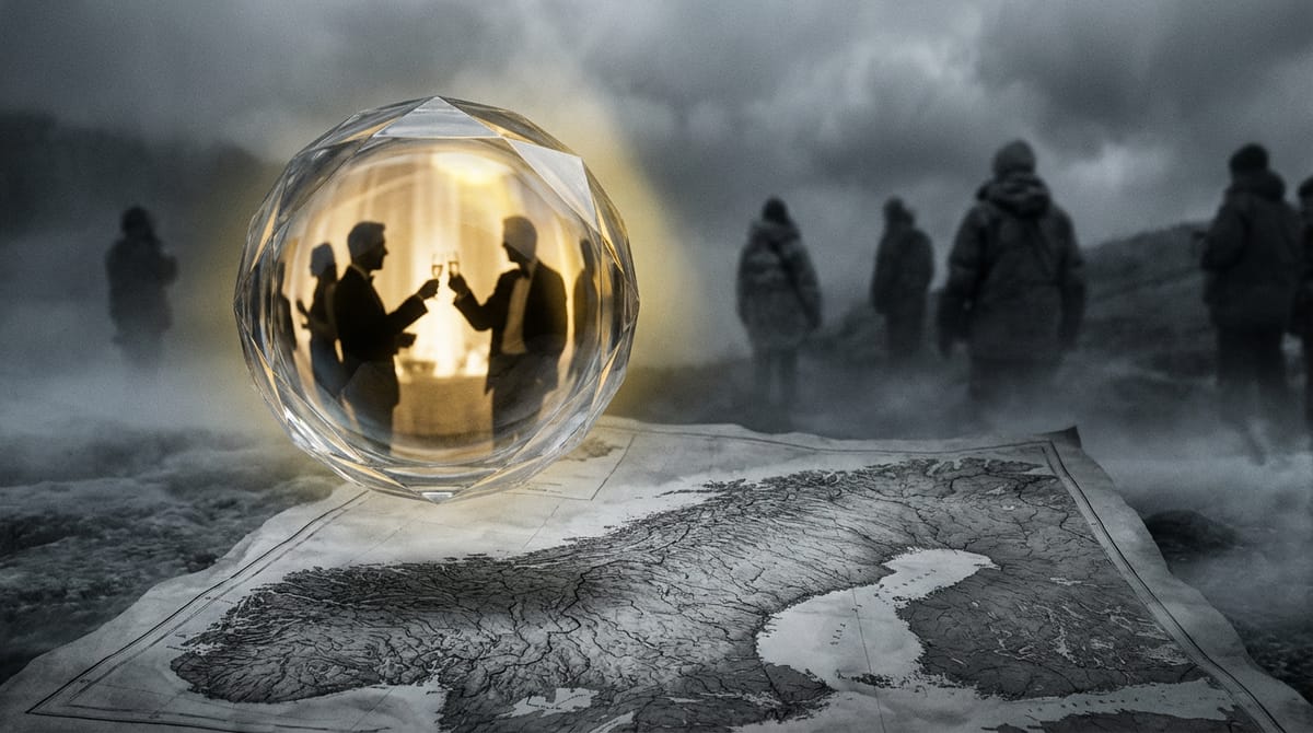 Conceptual illustration of the 'elite bubble'. A glass sphere floating above a map of Norway. Inside the sphere, silhouettes of people in suits are toasting with champagne. Outside and below the sphere, obscure fog and greyscale landscape representing the disconnected reality of the common citizen. Sharp contrast between the warm gold light inside the sphere and the cold grey outside.