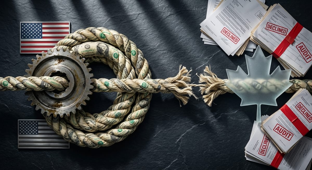 Conceptual financial image showing a tug-of-war rope made of currency bills. On one side, the US flag and industrial gears (representing deregulation and industry), pulling heavily against a Canadian maple leaf weighed down by stacks of paper documents and red tape (representing bureaucracy). The rope is snapping on the Canadian side.