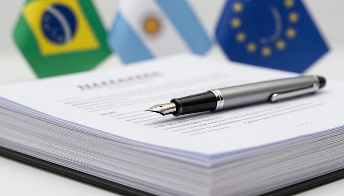 A macro shot of a fountain pen resting on a massive stack of bound legal trade agreements. In the background, out of focus, flags of Brazil, Argentina, and the EU. The atmosphere is sterile and bureaucratic, highlighting the technocratic nature of the deal.
