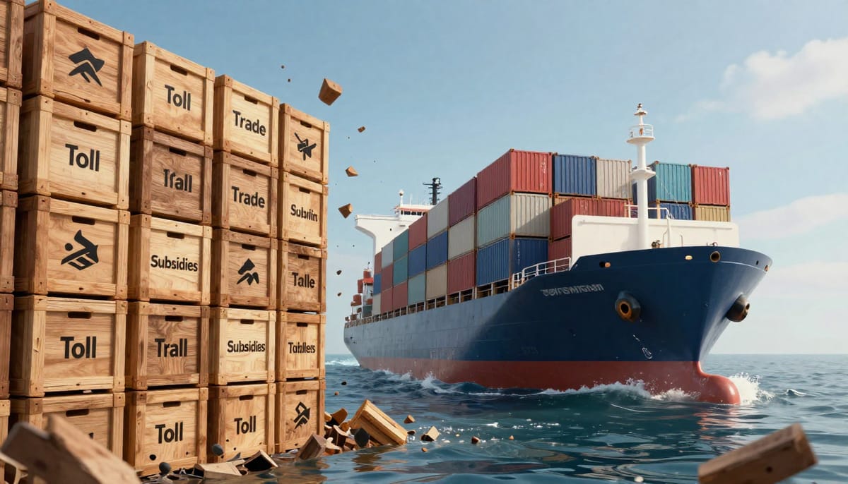 Symbolic representation of global trade vs protectionism. A large container ship breaking through a wall made of wooden crates labeled with protectionist symbols (like 'Toll' or 'Subsidies'). The ship carries goods towards a horizon, representing market access, whilst debris from the wall falls into the sea.