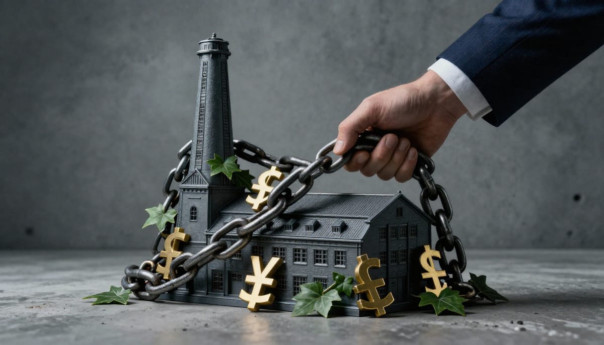 An editorial illustration depicting the concept of 'financial weaponization'. A large, stone-like hand emerging from a suit sleeve is placing heavy, golden chains around a stylized map of Norway or a generic factory. The chains are made of currency symbols and green leaves, symbolizing ESG constraints. The style is gritty and realistic, with a focus on the weight and restriction of the chains.