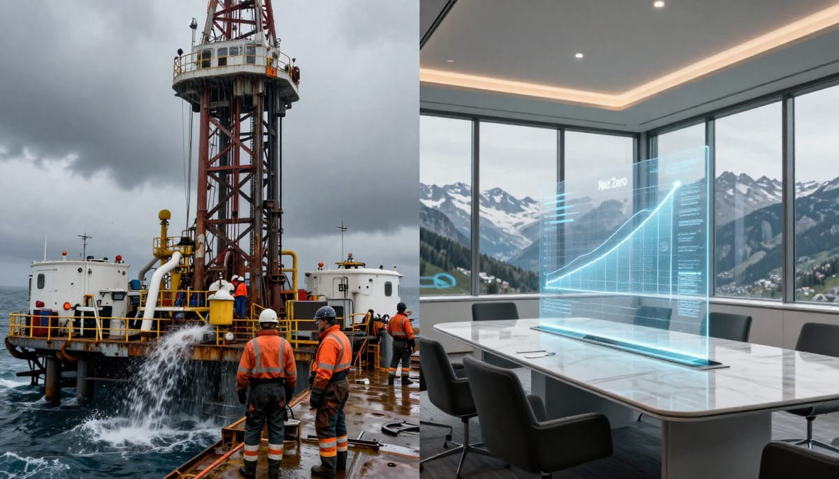 A split-composition image contrasting two realities. On the left side, a rugged, realistic depiction of a North Sea oil platform in stormy weather with workers in high-vis gear struggling against the elements. On the right side, a serene view through a large glass window of a luxury conference room in the Swiss Alps, with a chart on a screen showing an upward trend line labelled 'Net Zero'. The contrast highlights the disconnect between physical labor/reality and theoretical policy.