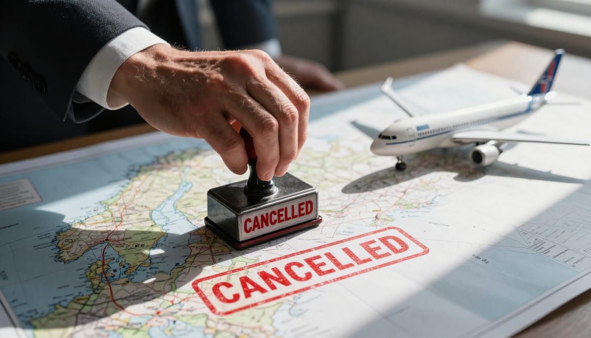 A conceptual, photorealistic close-up shot focusing on 'Red Tape'. A pair of hands in a suit (representing bureaucracy) is holding a stamp marked 'DENIED' hovering over a flight plan map of Norway. In the background, out of focus, a blurred image of an airplane is grounded. The lighting is dim, office-fluorescent style, highlighting the texture of the paper and the oppressive nature of the regulation.